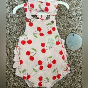 Milkberry Bamboo Pink Cherry Bubble Romper with Headband | Size 3-6 Months